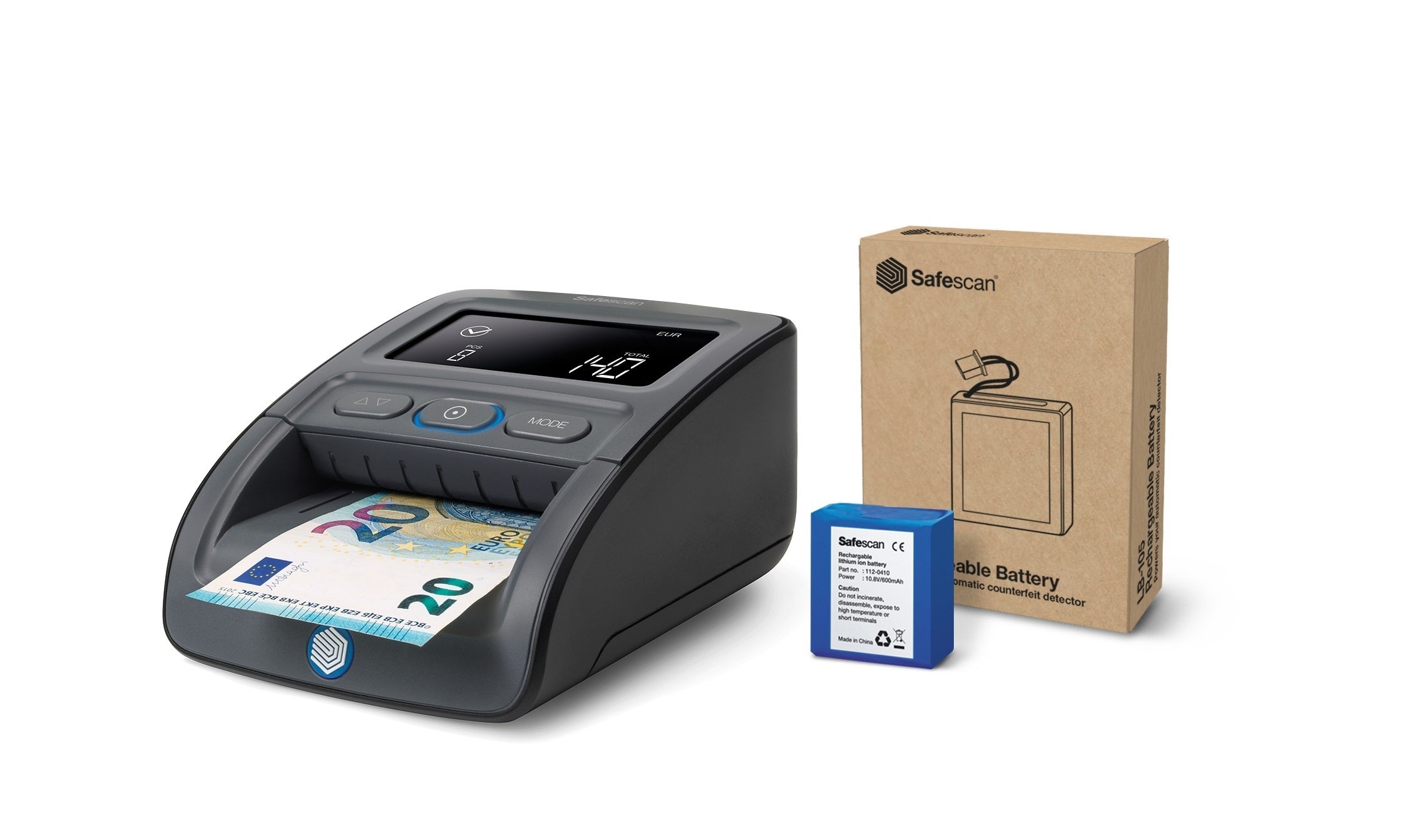 Verifies banknotes whenever and wherever you need with the included Safescan LB-105 battery