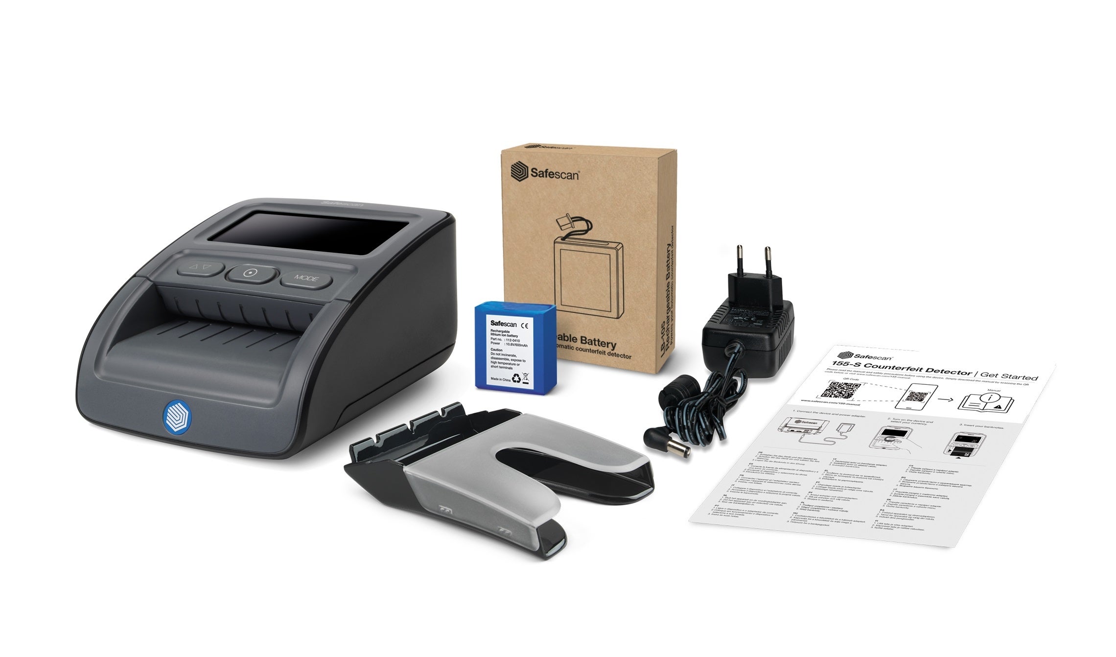 In the box: Safescan 155-S, Safescan LB-105, Safescan RS-100, power cable, get started flyer
